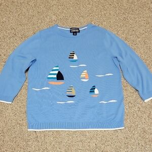 Land's End 3/4 Sleeve Blue Sweater with Sailboat Design, Women's Med. Coastal